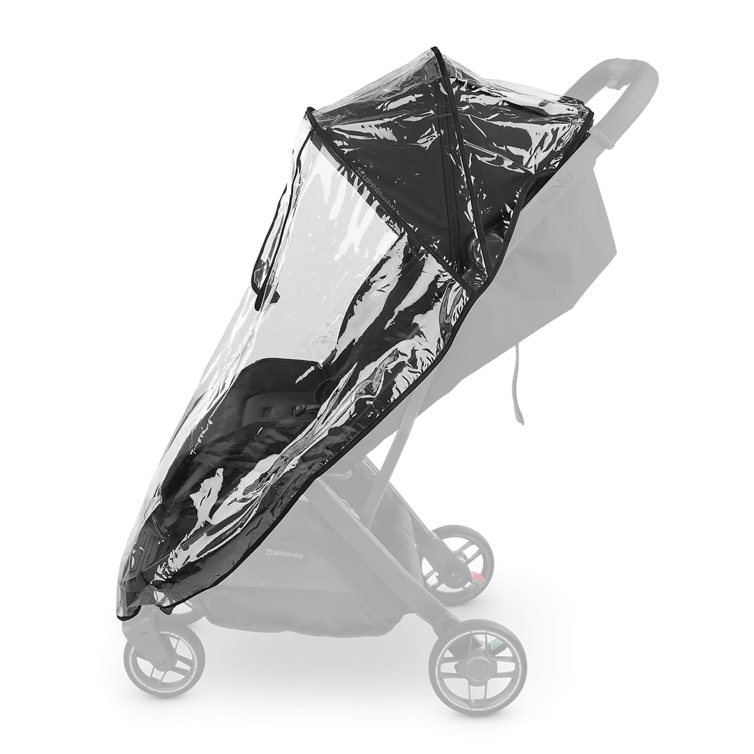 UPPAbaby® Minu V3 Rain Shield attached to stroller providing wind and rain protection with ventilated sides and front access opening for child comfort and easy access