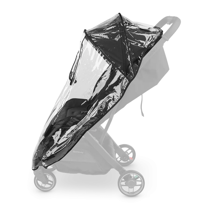 UPPAbaby® Minu V3 Rain Shield attached to stroller providing wind and rain protection with ventilated sides and front access opening for child comfort and easy access
