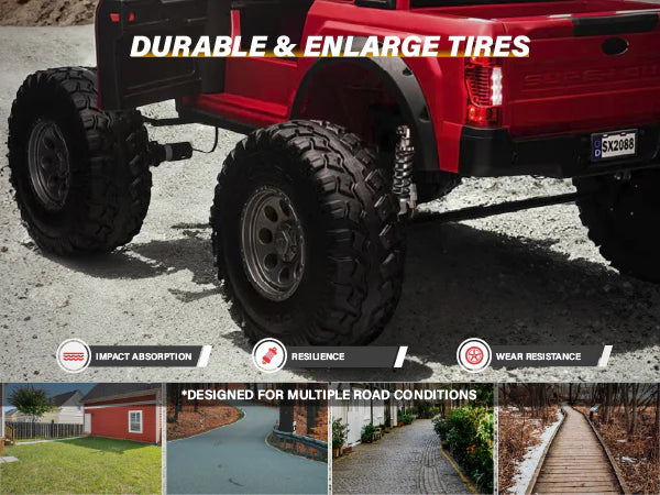 Voltz Toys F-450 Lifted Ride-On Car with large rugged tires shown outdoors on gravel.