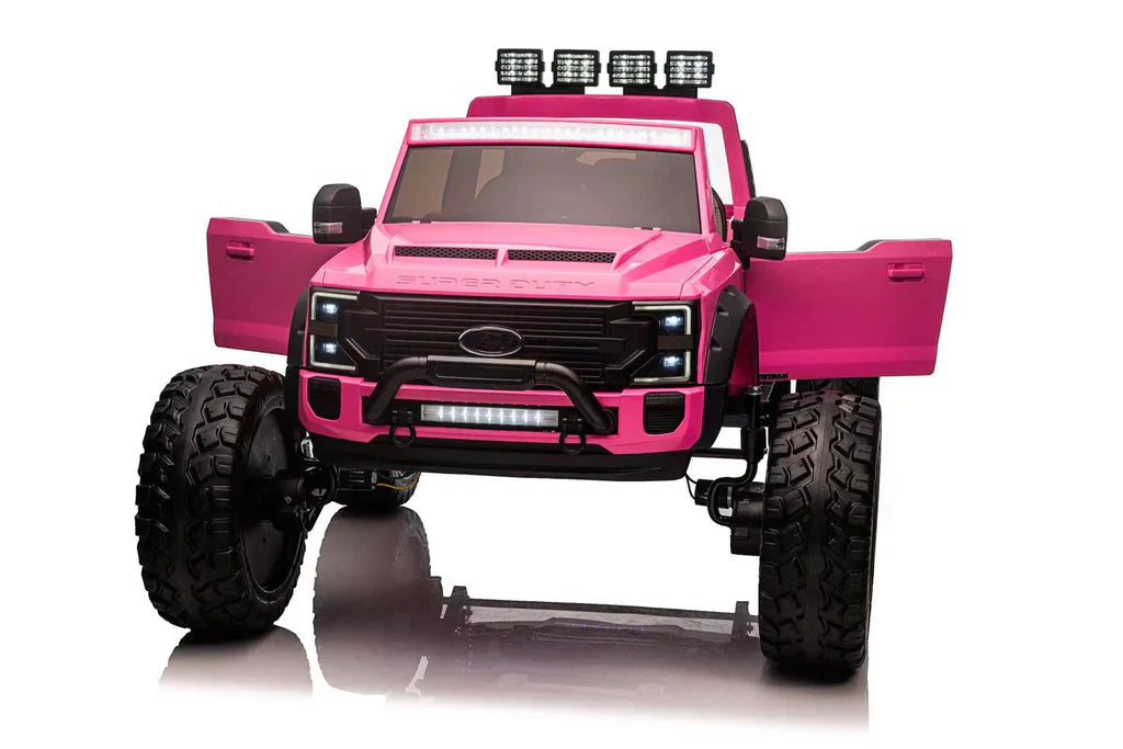 Voltz Toys F-450 lifted ride-on car in pink shown from the front with doors open.