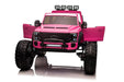 Voltz Toys F-450 lifted ride-on car in pink shown from the front with doors open.