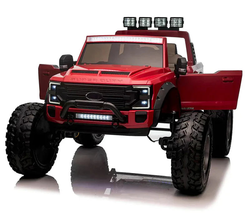 Voltz Toys F-450 lifted ride-on car in red with open doors and large off-road tires, shown front view.
