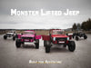 Voltz Toys F-450 lifted ride-on cars in various colors, parked outdoors on a gravel lot.