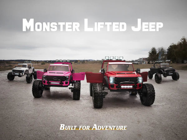 Voltz Toys F-450 lifted ride-on cars in various colors, parked outdoors on a gravel lot.