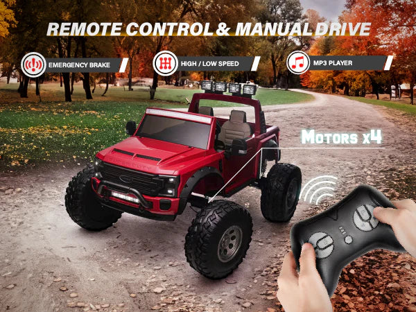 Voltz Toys F-450 lifted ride-on car in red, shown outdoors on a path with a remote control in use.