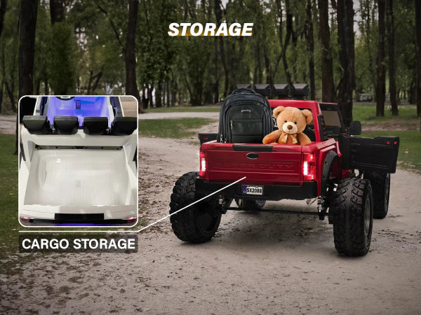 Voltz Toys F-450 lifted ride-on car parked outdoors showing rear cargo storage with a backpack and teddy bear.
