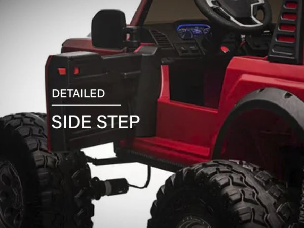 Voltz Toys F-450 lifted ride-on car with open door showing detailed side step and rugged tires.