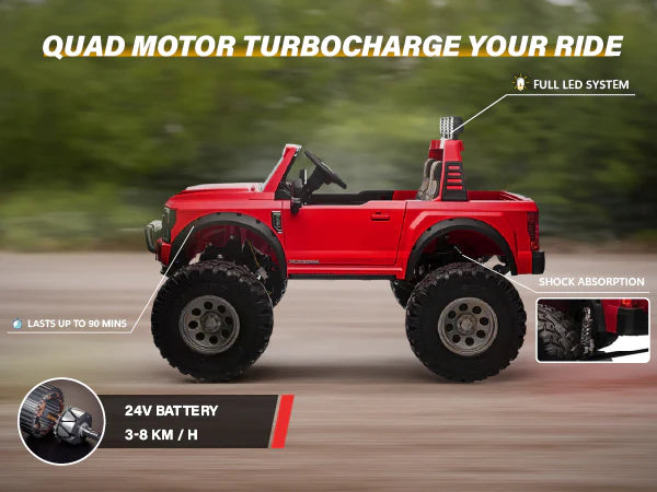 Voltz Toys F-450 lifted ride-on car in red, shown outdoors with details about LED lights and battery life.