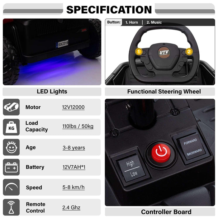 Voltz Toys - Voltz Toys 6 Wheel UTV 12V Ride on Car with Remote Control, EVA Tires