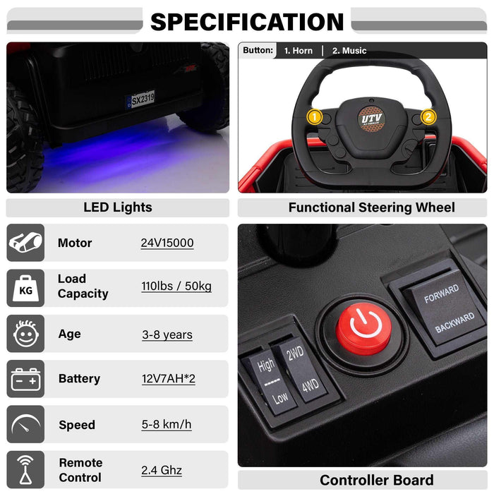 Voltz Toys - Voltz Toys 6 Wheel UTV 24V Ride on Car with Remote Control, 4WD, EVA Tires