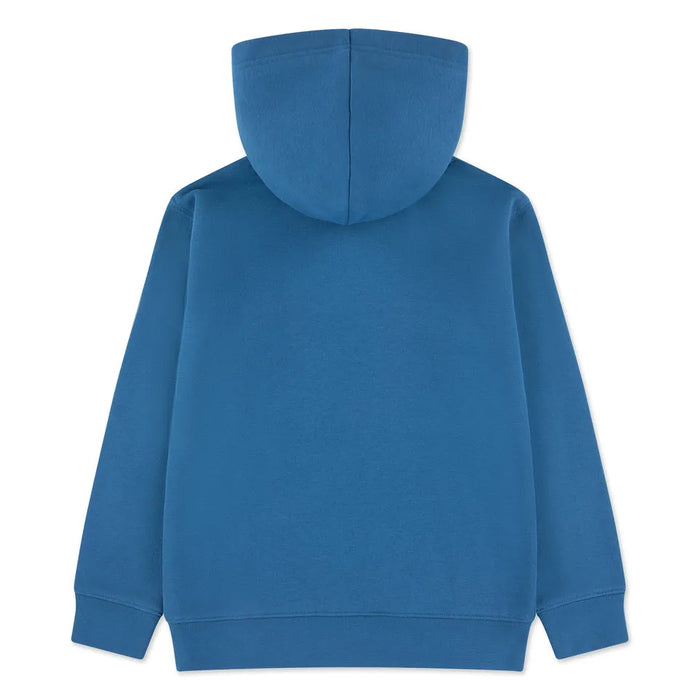 Kids blue hooded sweatshirt shown flat with back view visible on a white background.