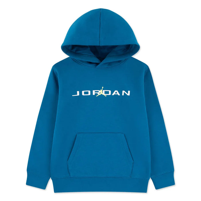 Jordan blue kids' hoodie with front logo, displayed flat on a white background.