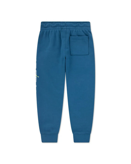 Blue kids' jogger pants displayed flat with elastic waistband and single back pocket.