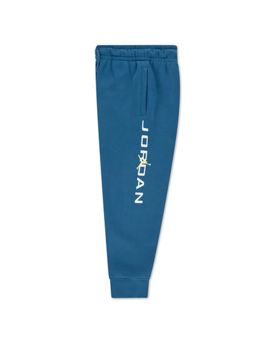 Jordan kids' blue jogger pants with vertical logo, displayed flat against a white background.