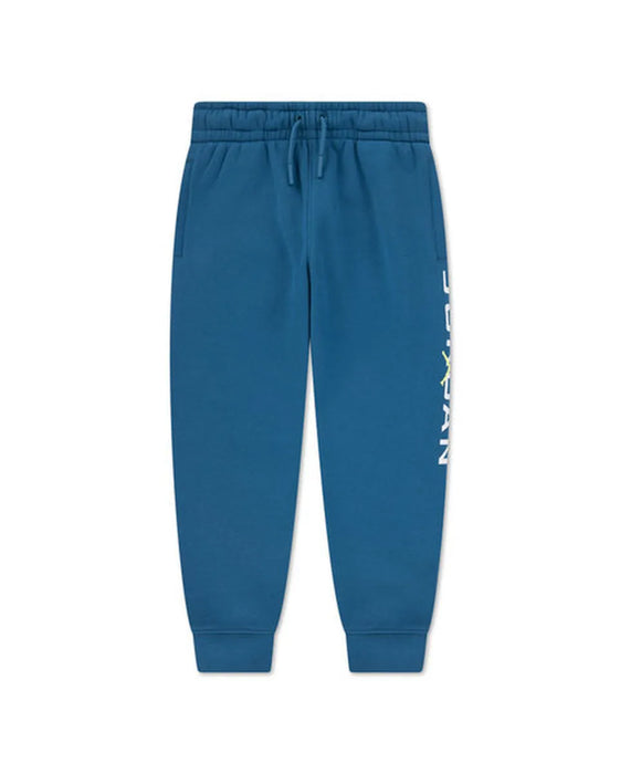 Blue Jordan kids' jogger pants with logo detail, displayed flat on a white background.