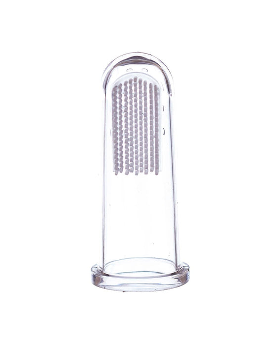 Wellbeing Island silicone finger brush clear with bristles, shown upright on a white background.