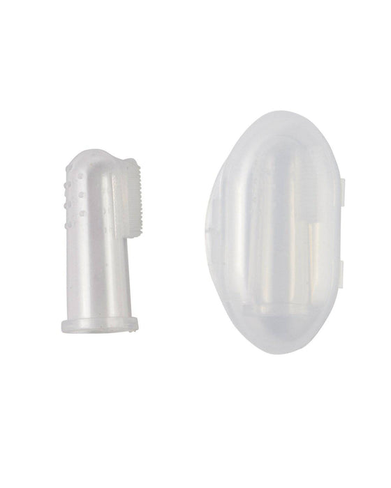 Wellbeing Island Silicone Finger Brush Stage 1 shown next to its clear storage case on a white background.