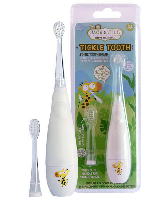 Tickle Tooth sonic toothbrush for babies and toddlers shown with replacement heads and packaging.