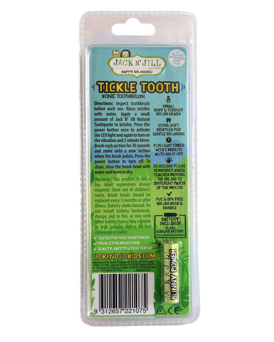 Tickle Tooth Sonic Toothbrush for toddlers in clear plastic packaging with product details visible.