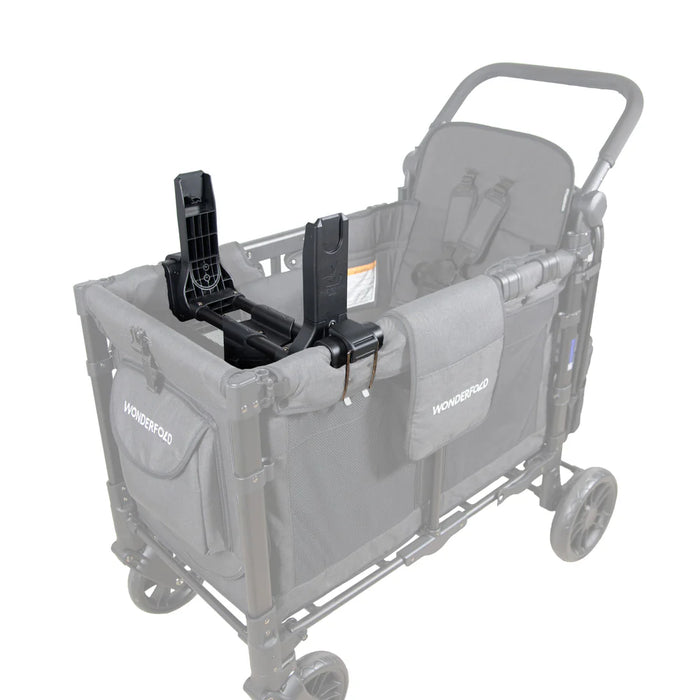 Wonderfold car seat adapter attached to a grey stroller wagon in a studio setting.