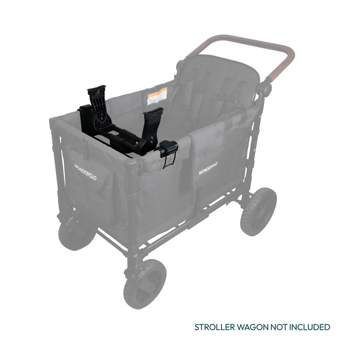 Wonderfold car seat adapter shown installed inside a black stroller wagon frame.