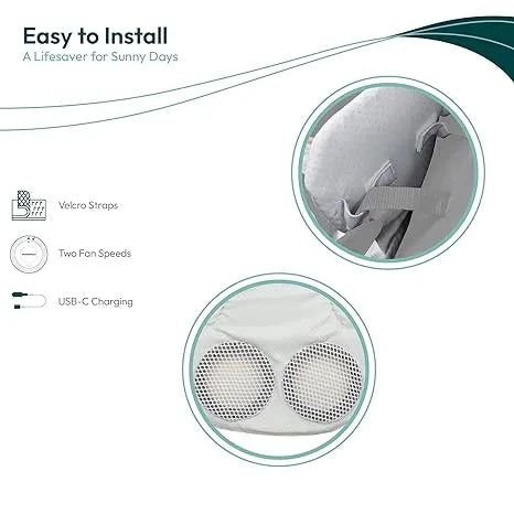 Wonderfold cooling seat cushion close-up showing dual fans, velcro straps, and USB-C charging.