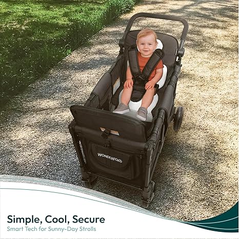 Wonderfold cooling seat cushion shown in a stroller outdoors with a child sitting comfortably.