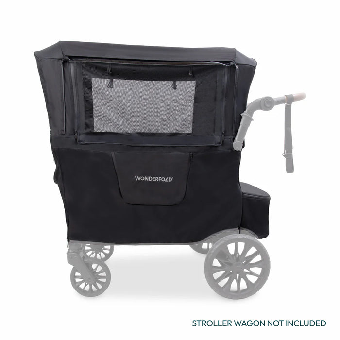 Wonderfold L Series weather cover attached to a stroller wagon, showing mesh window detail.
