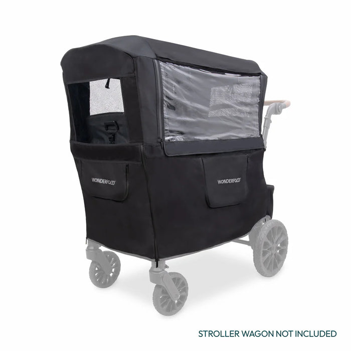 Wonderfold L Series weather cover shown installed on a stroller wagon with clear side panels.