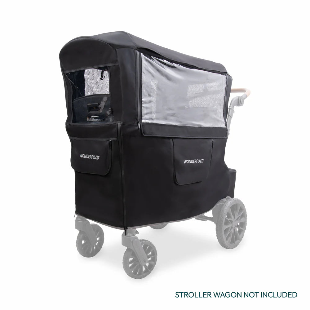Wonderfold L Series weather cover installed on a stroller wagon, showing clear side panels.