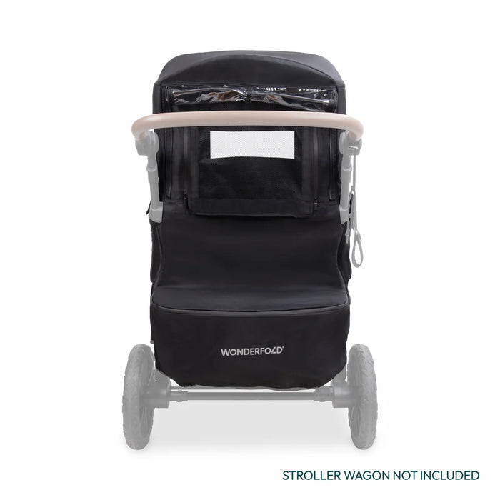 Wonderfold L Series weather cover attached to a stroller wagon, shown from the front with mesh window visible.