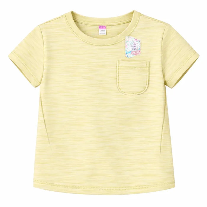 Yellow short sleeve kids t-shirt with chest pocket shown flat on a white background.