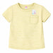Yellow short sleeve kids t-shirt with chest pocket shown flat on a white background.