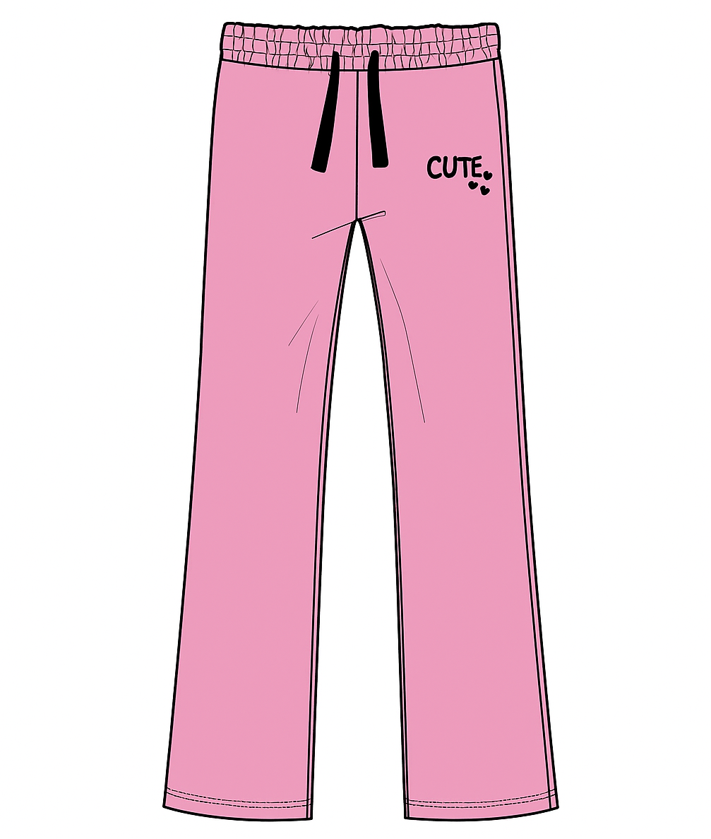 Pink kids sweatpants with black drawstring and 'CUTE' text, elastic waistband