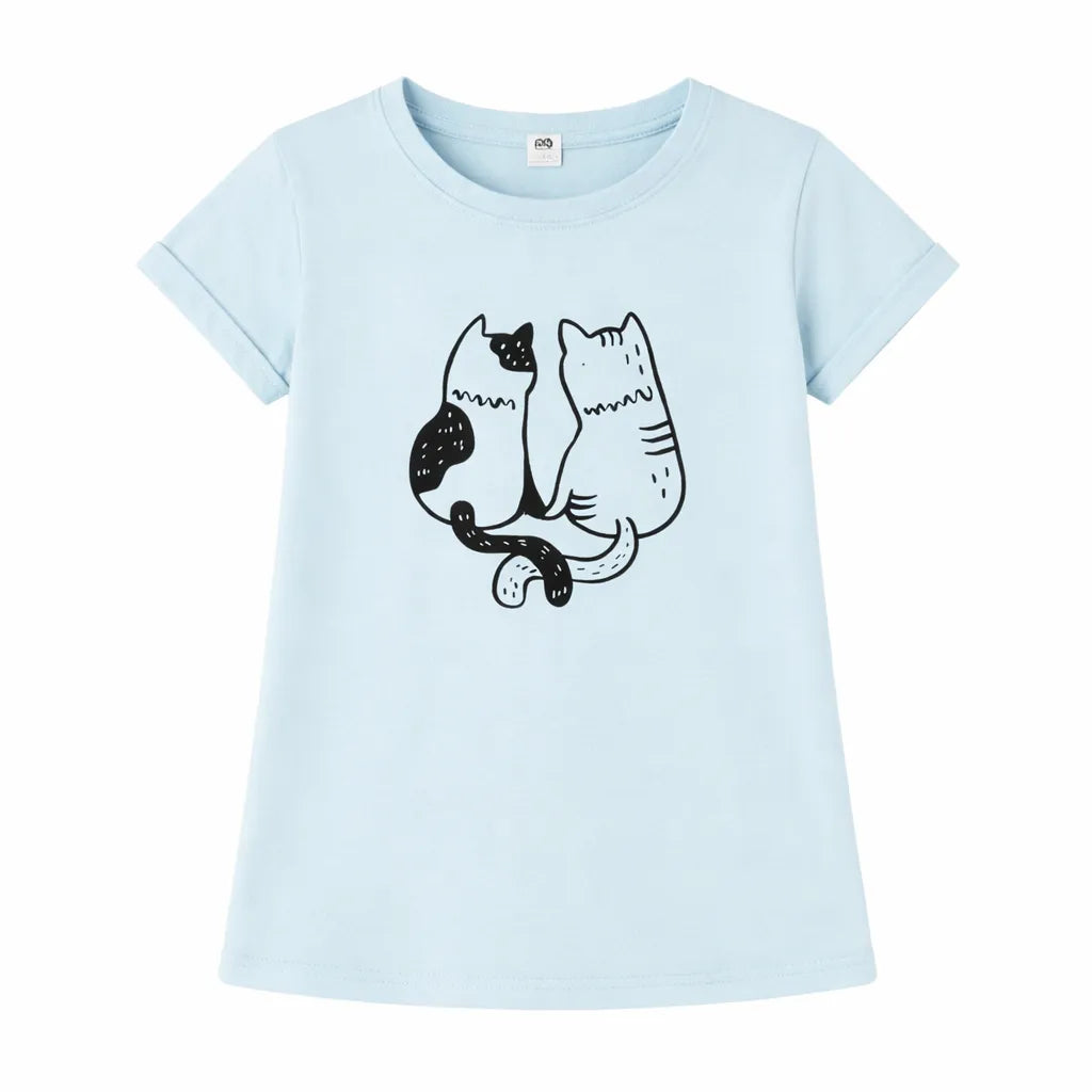 Zaby Girls cat printed shirt light blue t-shirt with two cat graphic on the front, shown flat