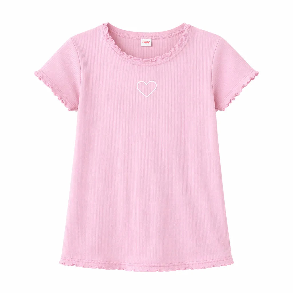 Zaby girls pink ribbed shirt with ruffled edges and white heart design, displayed on white background.
