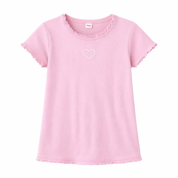 Zaby girls pink ribbed shirt with ruffled edges and white heart design, displayed on white background.