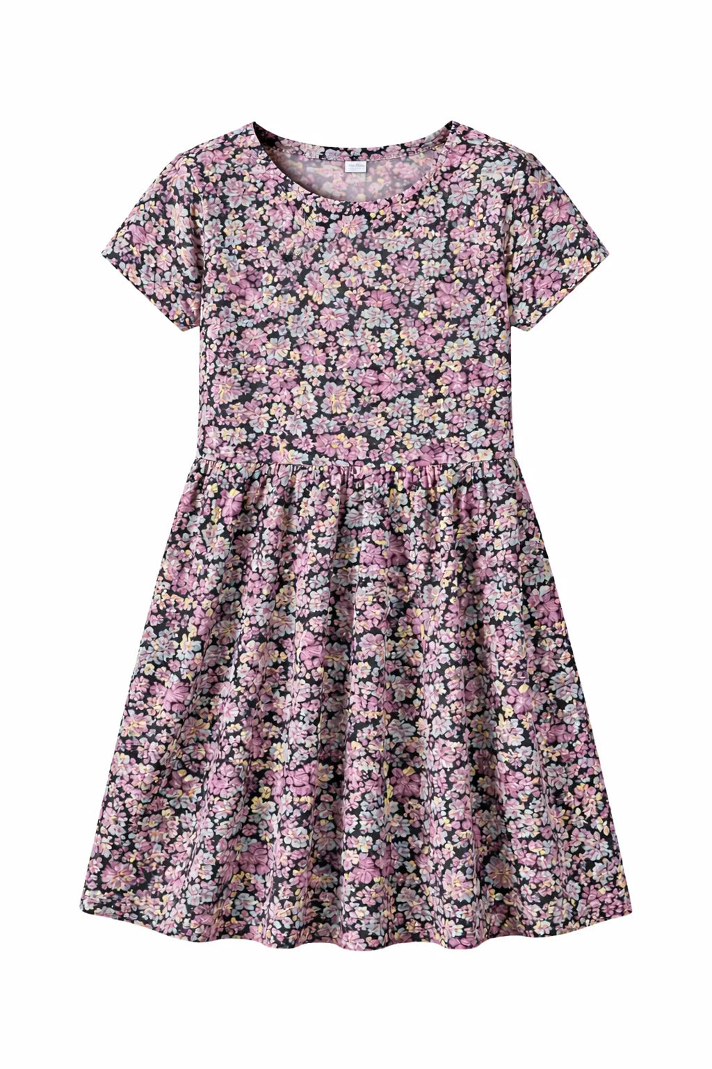 Zaby girls' summer floral dress with short sleeves shown laid flat on a white background.