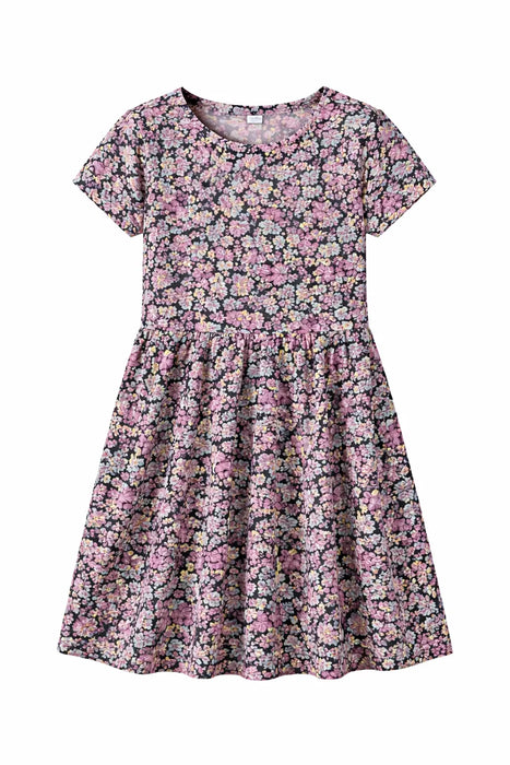 Zaby girls' summer floral dress with short sleeves shown laid flat on a white background.