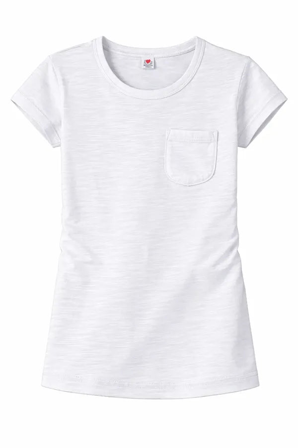 Zaby Pocket Crew Neck Girls Shirt displayed flat, showing short sleeves and front chest pocket.