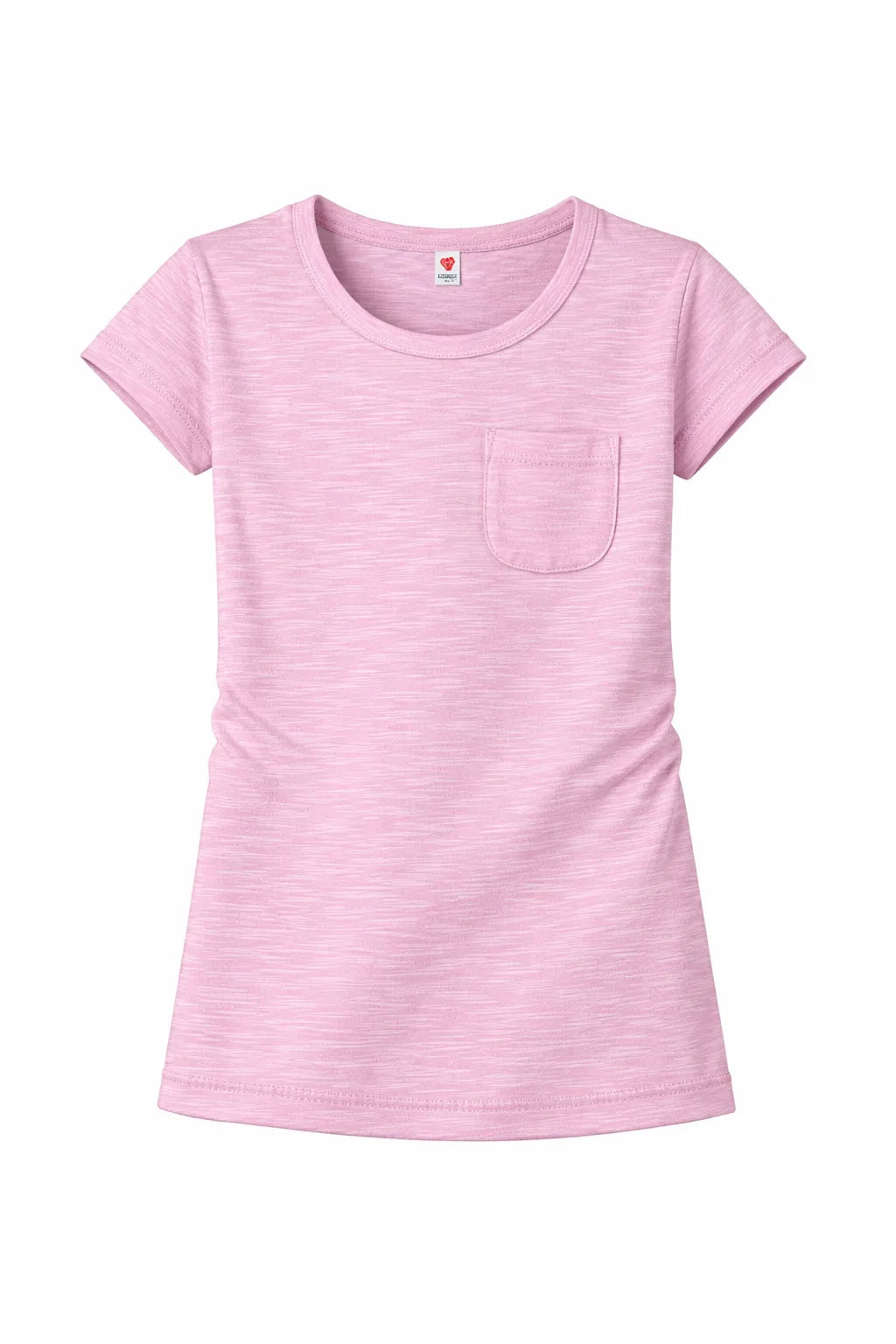 Zaby Pocket Crew Neck Girls Shirt in light pink with short sleeves and chest pocket on a white background.