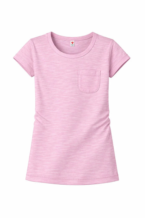 Zaby Pocket Crew Neck Girls Shirt in light pink with short sleeves and chest pocket on a white background.