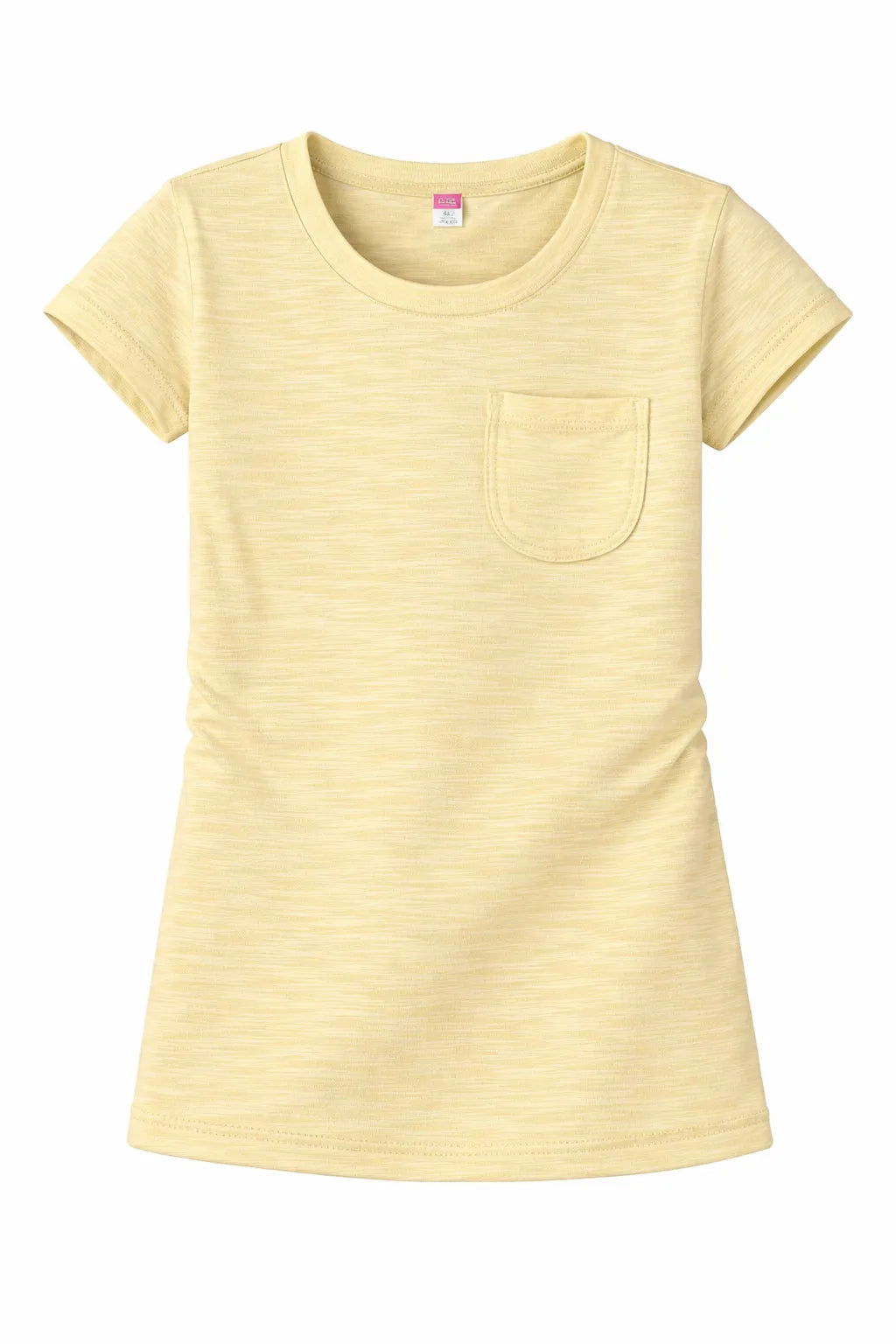 Zaby Pocket Crew Neck Girls Shirt in light yellow laid flat on a white background.