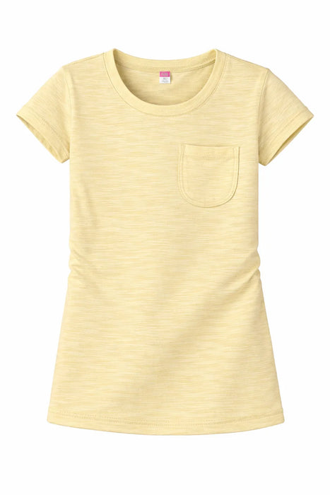 Zaby Pocket Crew Neck Girls Shirt in light yellow laid flat on a white background.