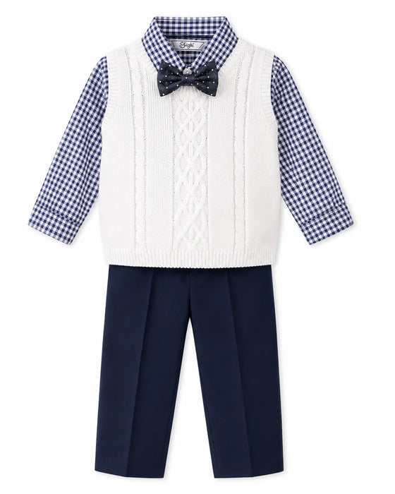Zighi® Baby Boys 4-Piece Cable Knit Sweater Vest Set with Blue Gingham Shirt – Sizes 3M-12M