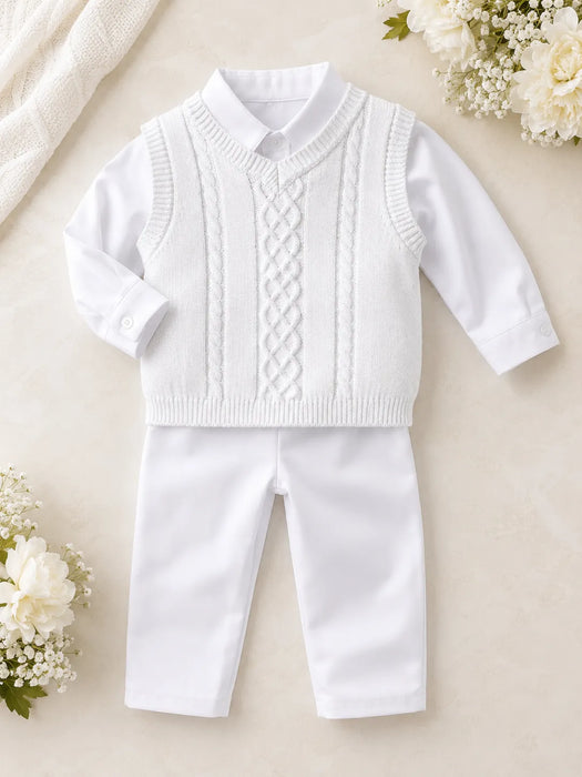 Zighi® Baby Boys Christening Knit Vest Suit with Bonnet – White Baptism Outfit, Style Z341- Sizes 3M-18M