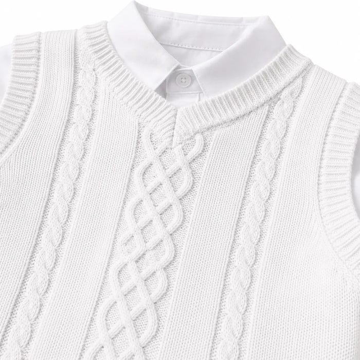 Zighi® Baby Boys Christening Knit Vest Suit with Bonnet – White Baptism Outfit, Style Z341- Sizes 3M-18M
