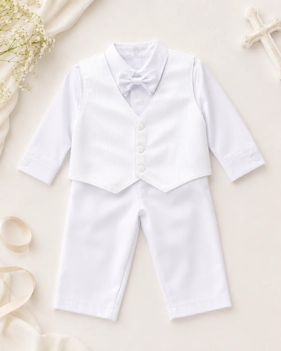 Zighi® Baby Boys Christening Outfit Set with Textured Vest & Bow Tie – White Sizes 3M–18M- Style Z345