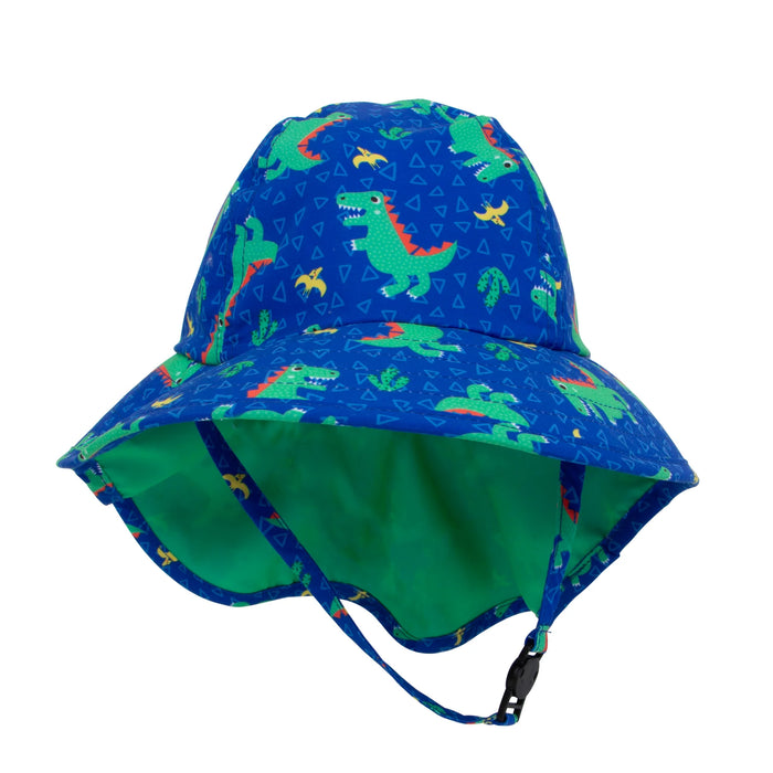 Zoocchini Cape Sunhat blue dinosaur print sunhat with chin strap shown on white background.