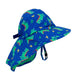 ZOOCCHINI blue sunhat with green dinosaur print and neck flap shown on white background.